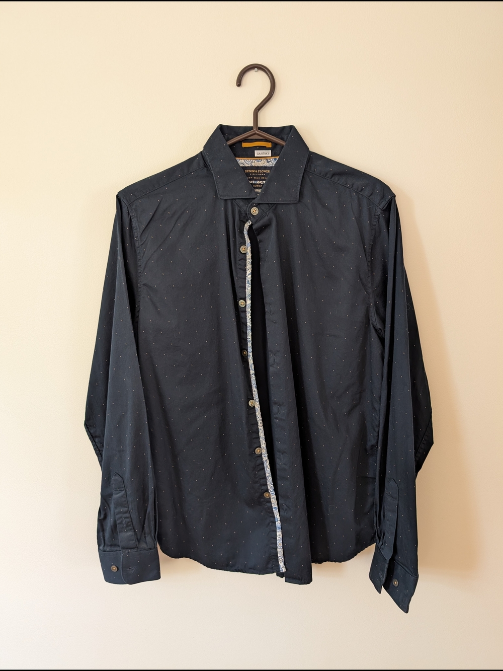 Denim & Flower - Men's Blue Shirt with Gold Dot Accents - Size M